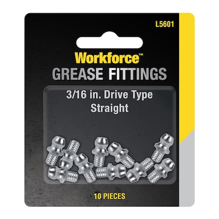 Workforce Grease Fittings, Drive Type, 3/16in Straight, 10-Piece L5601